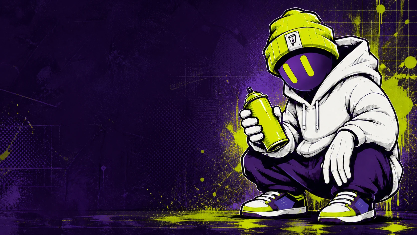 Colorstation maskotu graffiti duvarı önünde